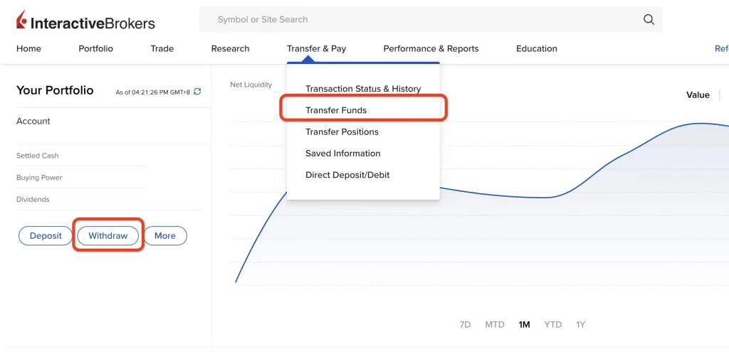 interactive brokers出金第一步_登入賬戶 選擇withdraw取款